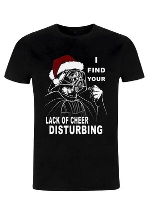Black t-shirt featuring a graphic of a helmeted figure in a Santa hat with white text: "I FIND YOUR LACK OF CHEER DISTURBING."
