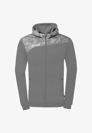 Grijze hoodie met volledige ritssluiting, geometrisch patroon op de pasvorm, zijzakken en het "Kempa"-logo op de linkerborst.