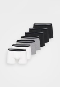 Set of eight boxer briefs in varying colors: white, grey, and black. Cotton material with elastic waistbands featuring black and white stripes.