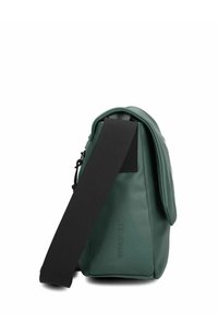 Borsa a tracolla rettangolare verde con ampia tracolla nera regolabile e chiusura a patta, caratterizzata dal marchio "HYDROFLEX" sul lato.