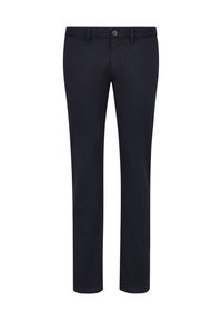 Marineblaue Baumwollhosen mit geradem Bein, ausgestattet mit einem Knopfverschluss, Gürtelschlaufen und ohne sichtbare Muster oder Akzente.