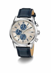 Orologio cronografo con cassa in acciaio inossidabile argentato, quadrante texturizzato beige, dettagli blu navy e cinturino in pelle blu scuro. Presenta la visualizzazione della data.