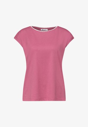 Różowa damska koszulka z krótkim rękawem, okrągłym dekoltem i białym wykończeniem na kołnierzu, przedstawiona na białym tle.