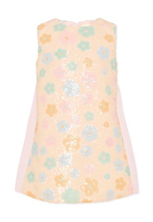 Vestito da bambino senza maniche con motivo floreale di paillettes pastello in rosa, blu, verde e giallo su uno sfondo beige chiaro.