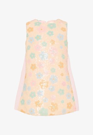 Robe enfant sans manches avec motif floral en sequins pastel rose, bleu, vert et jaune sur fond beige clair.
