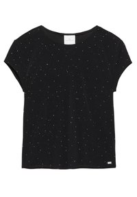 Tricou negru cu mâneci scurte și croială lejeră, decorat cu pete albe împrăștiate și guler rotunjit. Etichetă la spatele gâtului.