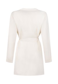 Cream-colored robe made from soft fabric, featuring long sleeves and a waist tie, with a simple, classic design and no additional patterns.
