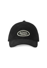 Casquette de baseball en velours côtelé noir avec une visière courbée et un patch ovale blanc portant l'inscription "Von Dutch California" centré à l'avant.