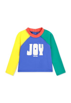 Maglia a maniche lunghe colorata con pannelli blu, gialli, verdi e corallo. Presenta una grafica bianca "JOY" sul davanti e un colletto tondo.