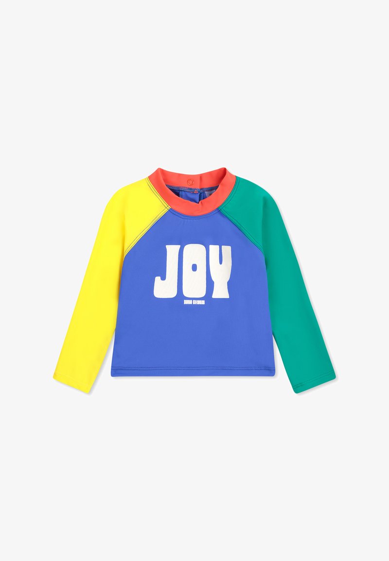 Maglia a maniche lunghe colorata con pannelli blu, gialli, verdi e corallo. Presenta una grafica bianca "JOY" sul davanti e un colletto tondo.