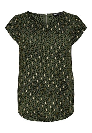 Zielona bluzka z krótkim rękawem, zaokrąglonym dekoltem, suwakiem z tyłu oraz czarno-złotym abstrakcyjnym wzorem liści na całej powierzchni.