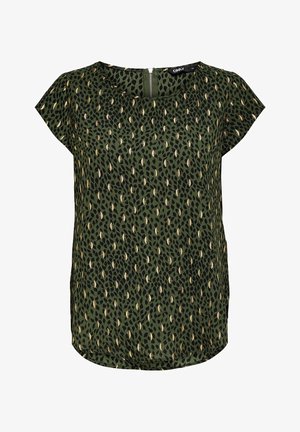 Zielona bluzka z krótkim rękawem, zaokrąglonym dekoltem, suwakiem z tyłu oraz czarno-złotym abstrakcyjnym wzorem liści na całej powierzchni.
