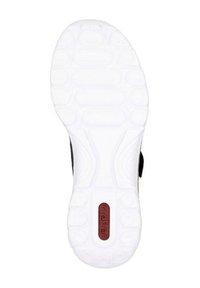 Suela blanca de un zapato con patrones circulares texturizados, con un acento central en color burdeos y el logo de la marca grabado en el área del talón.