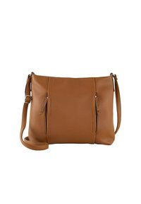 Braune Leder-Crossbody-Tasche mit strukturierter Oberfläche, zwei Reißverschlussfächern, verstellbarem Tragegurt und weicher, abgerundeter Form.