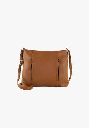 Braune Leder-Crossbody-Tasche mit strukturierter Oberfläche, zwei Reißverschlussfächern, verstellbarem Tragegurt und weicher, abgerundeter Form.