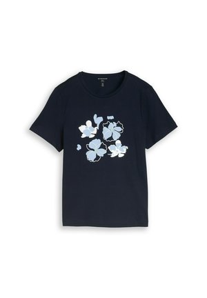 Marineblaues kurzärmeliges T-Shirt mit rundem Ausschnitt und einem Frontdruck aus hellblauen und weißen abstrakten Blumendesigns.