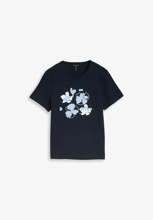 Marineblaues kurzärmeliges T-Shirt mit rundem Ausschnitt und einem Frontdruck aus hellblauen und weißen abstrakten Blumendesigns.