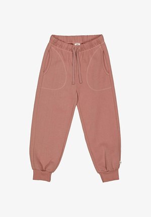 Rosenfarbene Jogginghosen mit elastischem Bund, Kordelzug, zwei Seitentaschen und umgeschlagenen Säumen. Hergestellt aus weichem, dehnbarem Stoff.