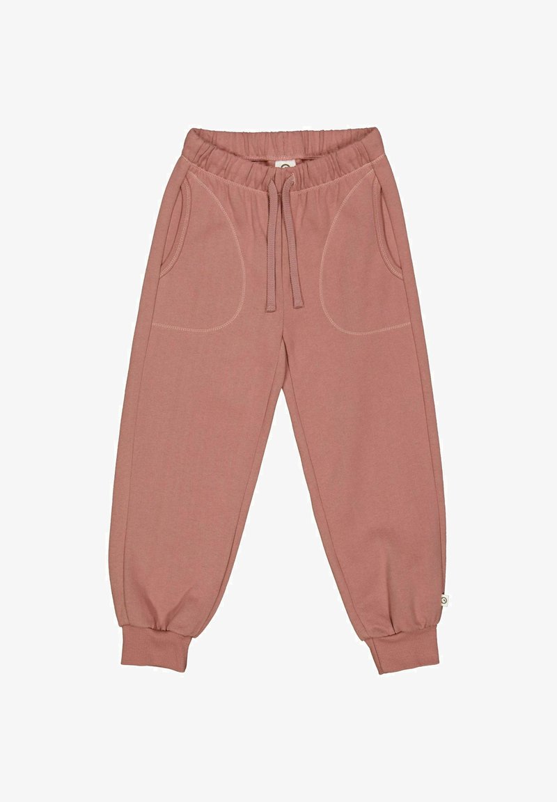 Růžové jogger kalhoty s elastickým pasem, šňůrkou, dvěma bočními kapsami a manžetami. Vyrobené z měkké, pružné tkaniny.