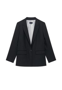 Blazer negro de rayas con solapa muestrada, dos bolsillos frontales y cierre de un solo botón. Presenta un forro interior a rayas.