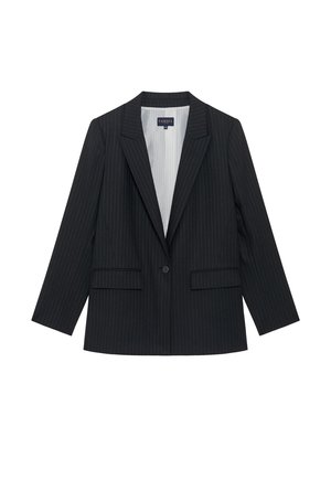 Blazer nero a righe con rever a punta, due tasche frontali e chiusura con un solo bottone. Presenta una fodera interna a righe.