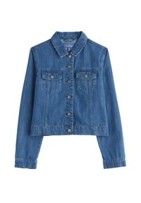 Veste en denim bleu avec un design court, présentant un col, une fermeture à boutons, deux poches poitrine et des manches longues. Texture lisse.