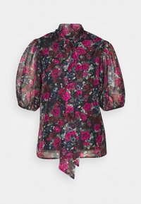 Blusa nera trasparente con vivace stampa floreale in rosa e verde, dotata di maniche a palloncino e scollatura con fiocco. Tessuto leggero con una superficie liscia.