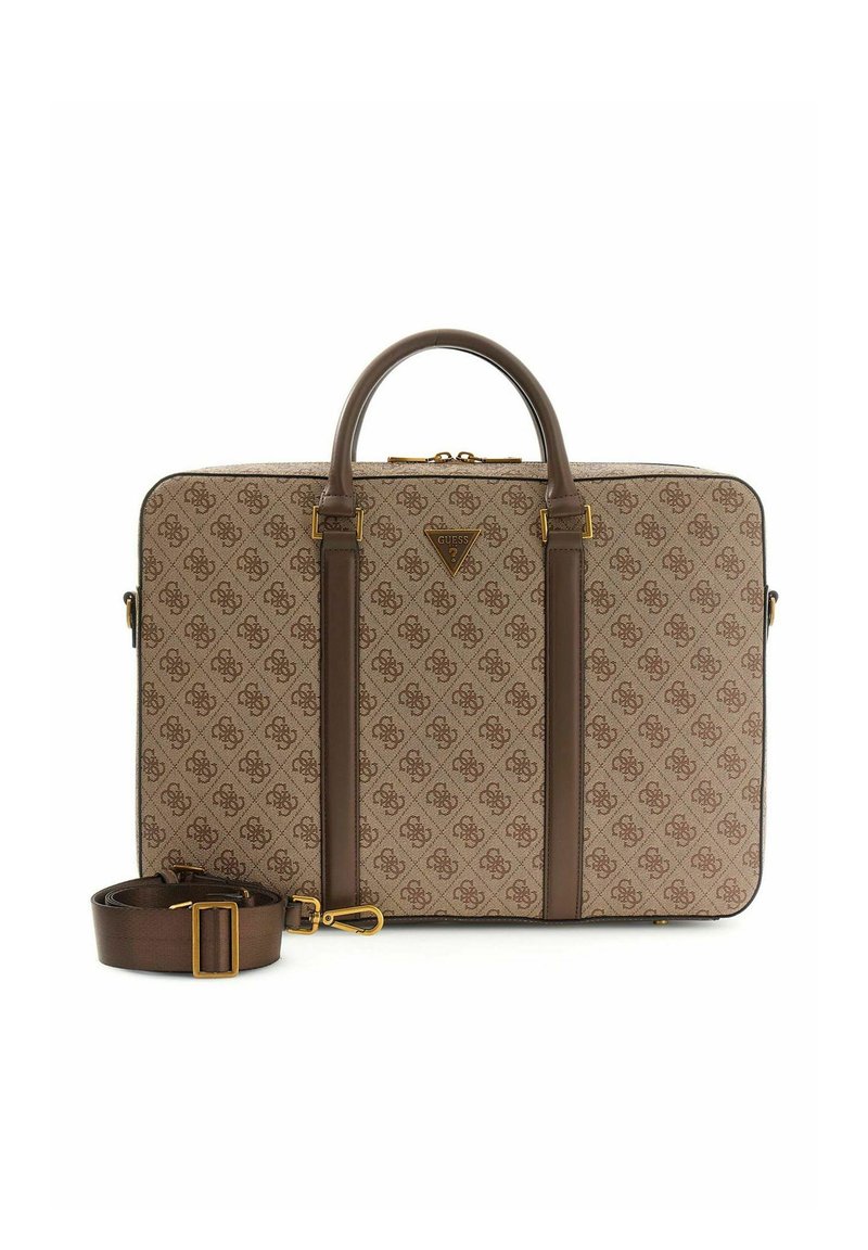 Bolso para portátil marrón con estampado, detalles de cuero, asas dobles, correa de hombro desmontable y herrajes dorados con un logotipo.