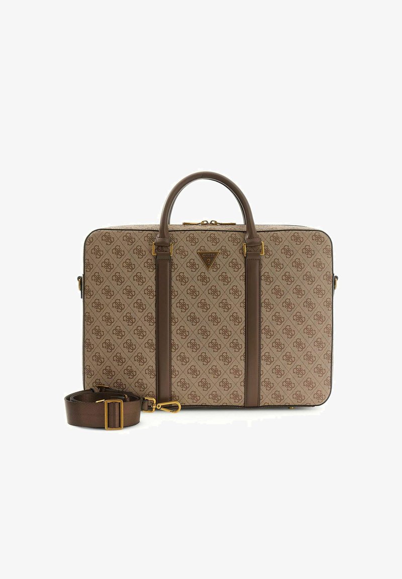 Bruine laptoptas met patroon, lederen afwerking, dubbele handvatten, afneembare schouderriem en goudkleurige hardware met logo.