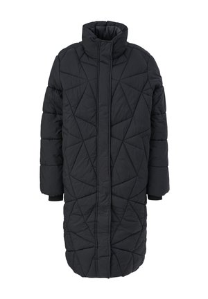 Zwarte gequiltte lange jas met een hoge kraag en geometrisch stikpatroon. Voorzien van lange mouwen en elastische manchetten. Gladde textuur.