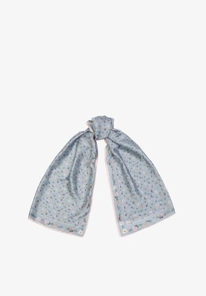 Hele heleroheline siidsall, millel on õrnad lillemustrid ja kontrastne valge äär. Pehme tekstuur ja voolav, elegantne kuju.