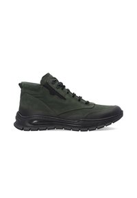 Zelené kožené sneakersy ve vysokém střihu s černými gumovými akcenty, kulatými tkaničkami a texturovaným svrškem. Obsahuje polstrovanou podrážku pro pohodlí.