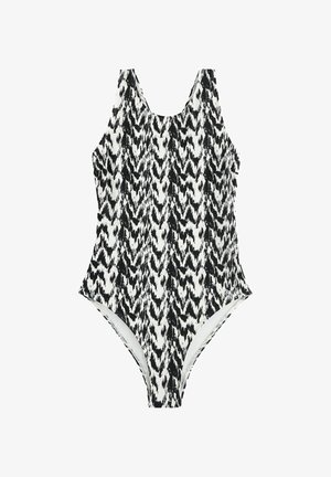 Vientisas maudymosi kostiumėlis su juodai balta zigzago raštu, pagamintas iš tamprios medžiagos, su apvalia iškirpte ir aukštai iškirptomis kojomis.