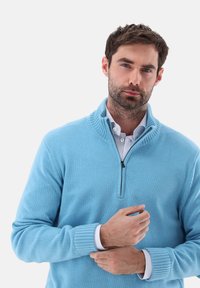 Helles blaues Zip-Up Sweatshirt aus Strickmaterial mit einem gerippten Kragen und Bündchen, über einem weißen Hemd mit Knopf und Streifendetails getragen.