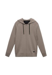 Zip-up hoodie in een lichte taupekleur, gemaakt van zachte stof, met een capuchon, zwarte trekkoorden en zijzakken met een klein logo accent.