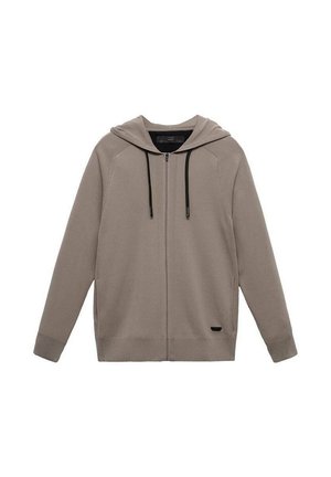 Sudadera con cremallera en un color topo claro, hecha de tela suave, con capucha, cordones negros y bolsillos laterales con un pequeño logo.