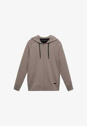 Hedonowa bluza z kapturem w jasnym odcieniu taupe, wykonana z miękkiego materiału, z kapturem, czarnymi sznurkami ściągającymi oraz bocznymi kieszeniami z małym logo.