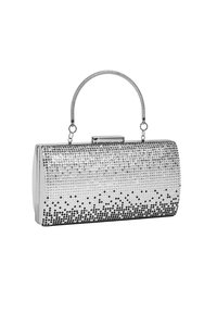 Silberne rechteckige Clutch-Tasche, bedeckt mit Strasssteinen in einem Farbverlauf von Silber zu Schwarz, ausgestattet mit einem Metallgriff und einem Verschluss.