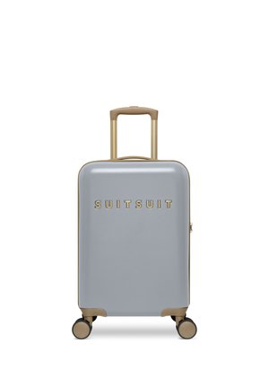 Hardshell koffer in grijs met een beige handvat en wielen, voorzien van een uitschuifbaar handvat en de merknaam "SUITSUIT" aan de voorkant.