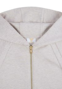 Sudadera con cremallera de color gris claro, hecha de una tela suave. Presenta una cremallera dorada y una capucha amplia. La etiqueta en el interior dice "CHELSEA PEERS."