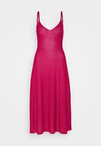 Fuchsia ärmlös klänning med v-ringning, skräddarsydd liv och flödande kjol. Tillverkad av lätt, slätt tyg med en subtil struktur.