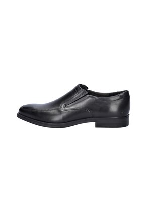 Black leather slip-on dress shoe with low heel and elastic side panels, shown from the outer side on white background.