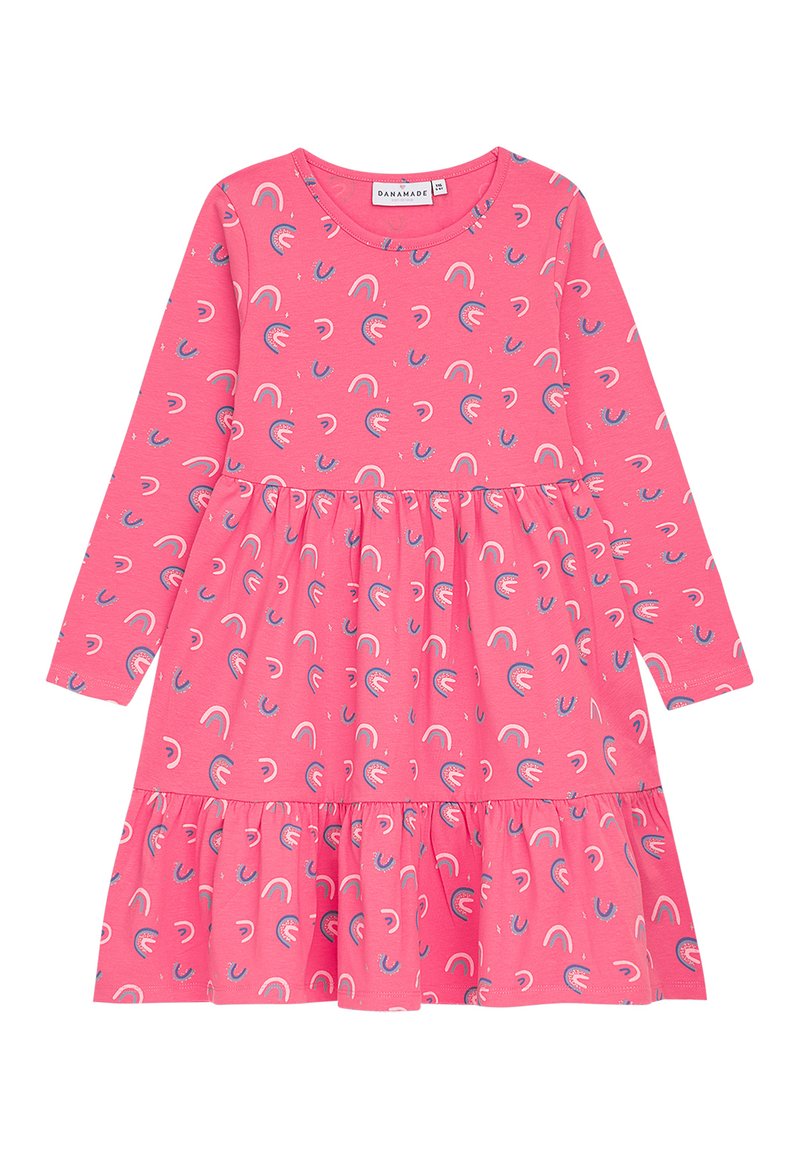 Langärmliges pinkes Kleid aus weichem Stoff, mit einem schichtweisen Rock und einem verspielten Muster aus Regenbogenmotiven in verschiedenen Farben.