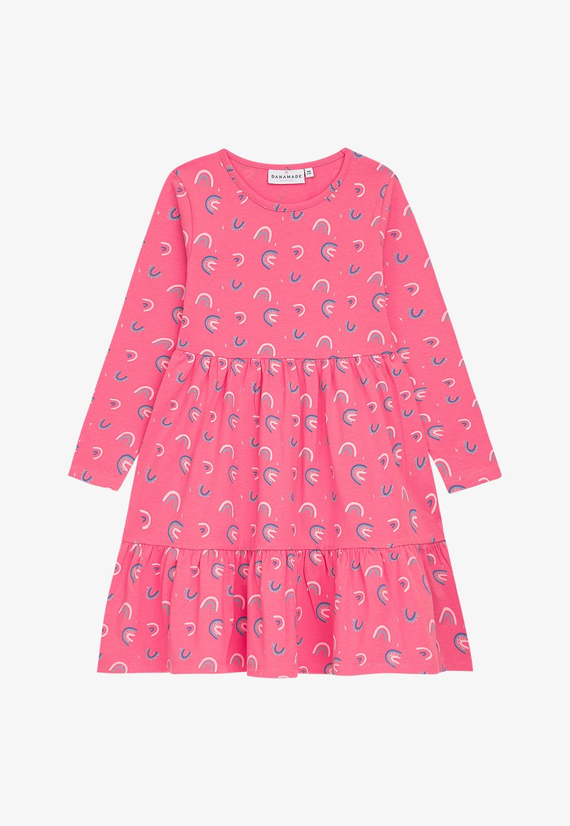 Langärmliges pinkes Kleid aus weichem Stoff, mit einem schichtweisen Rock und einem verspielten Muster aus Regenbogenmotiven in verschiedenen Farben.