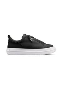 Schwarze Ledersneaker mit einem eleganten Design, ausgestattet mit einer weißen Gummisohle, minimaler Naht und elastischen Schnürsenkeln für ein einfaches An- und Ausziehen.