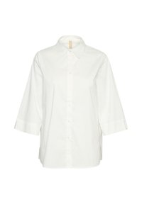 Camicia bianca in cotone con colletto a punta, chiusura a bottoni e maniche a tre quarti. Presenta spacco laterale all'orlo per un comfort aggiuntivo.