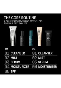 Routine quotidienne de soins de la peau avec nettoyant, brume, sérum, hydratant et écran solaire le matin ; nettoyant, brume, sérum et hydratant le soir par Allies of Skin.