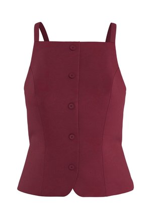 Top senza maniche color bordeaux con bottoni, scollo quadrato e vita aderente, con cinque bottoni abbinati sul davanti.