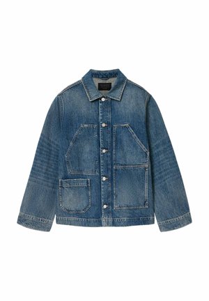 Jeansjacke in mittlerem Blau mit klassischem Kragen, vorderer Knopfleiste und zwei großen aufgesetzten Taschen. Verfügt über eine leicht abgenutzte Textur.
