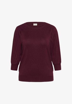 Burgundy knit sweater with ribbed sleeve detailing, round neck, and fitted cuffs. Lightweight fabric with smooth texture. Casual fit.
